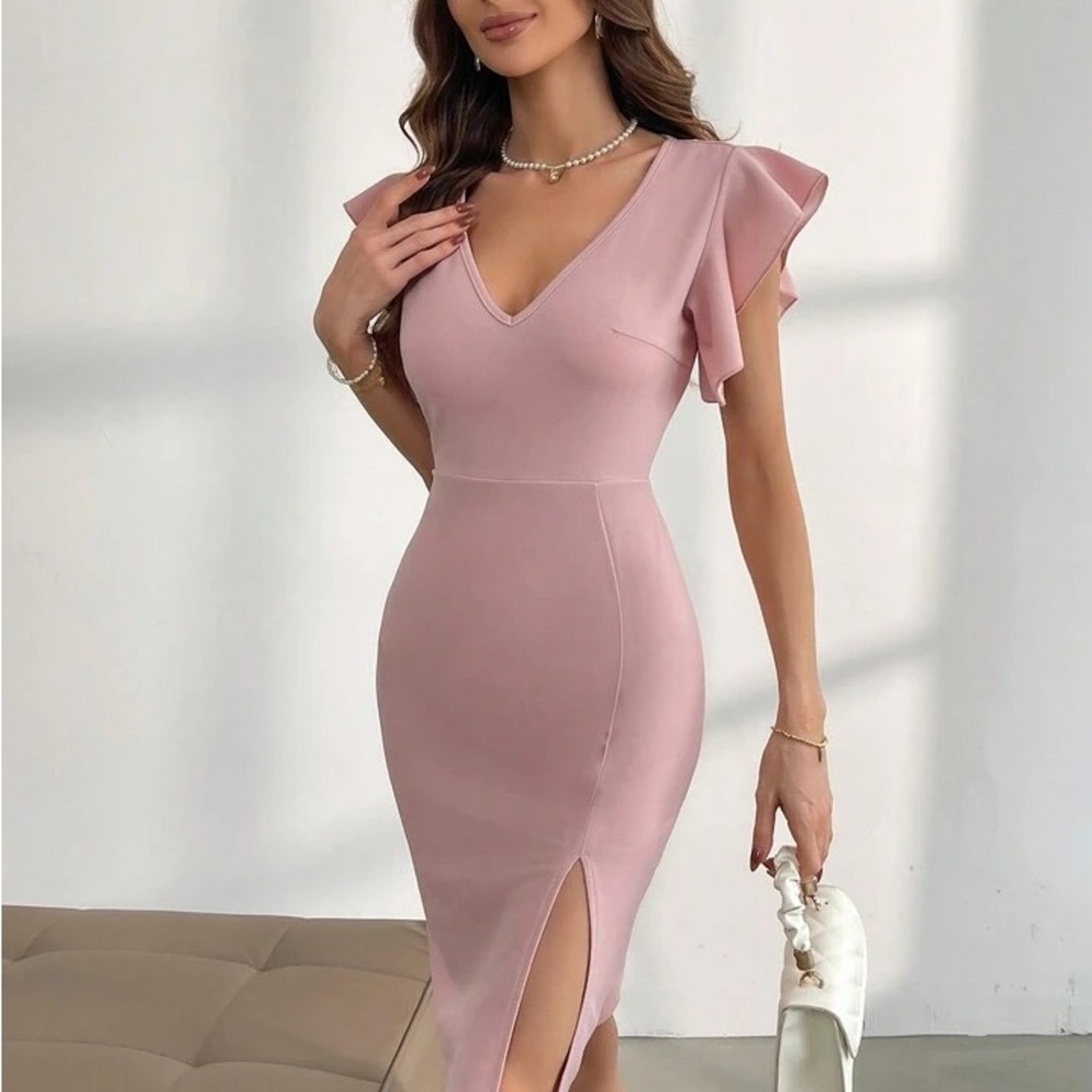 Elegant Blush Pink Flutter Sleeve Dress